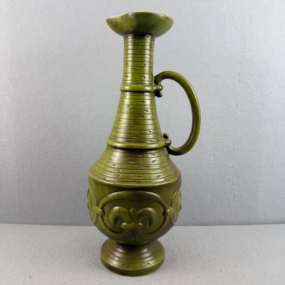 XL Vintage Haeger USA Floor Vase Olive Green Fleur-De-Lis Mid Century 18"